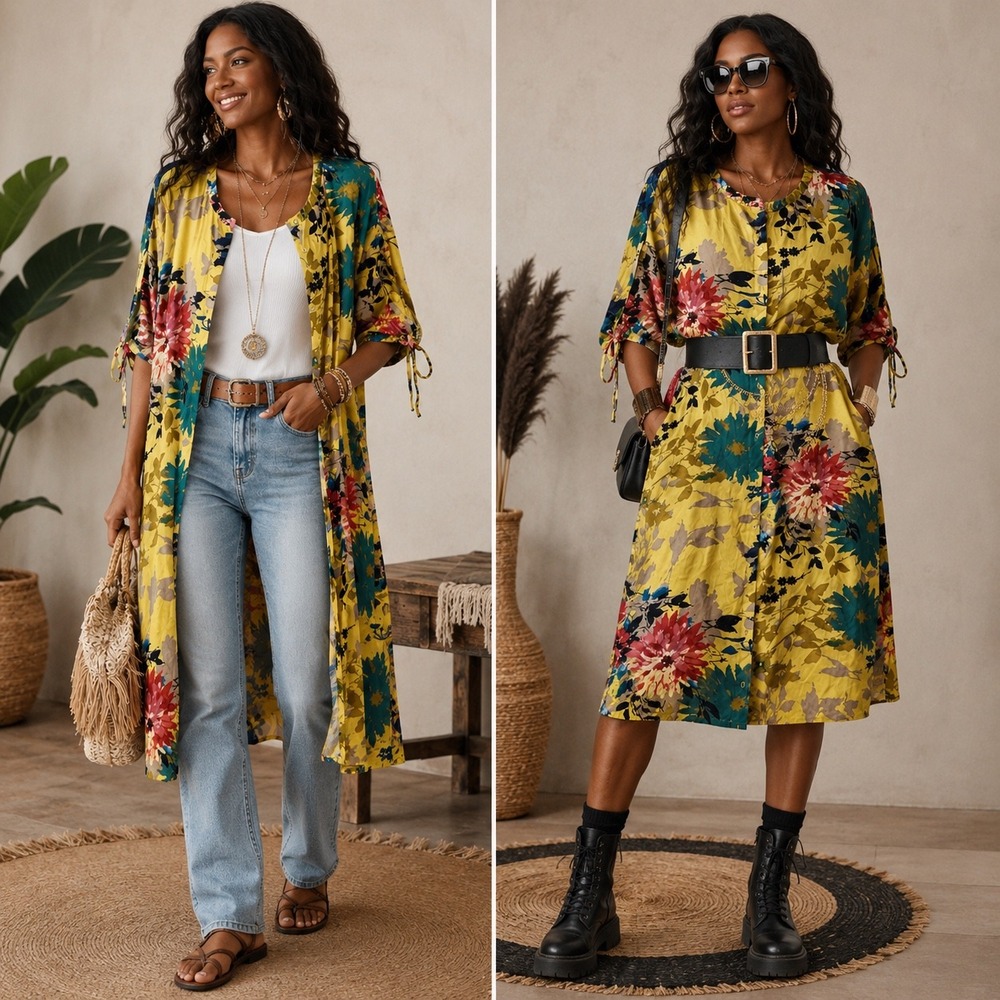 XL 128 Splash Floral Midi Shirt Dress Duster Kimono Boho Artsy Tie Sleeve
